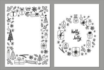 Merry Christmas cards with winter clipart. Hand drawn vector doodle
