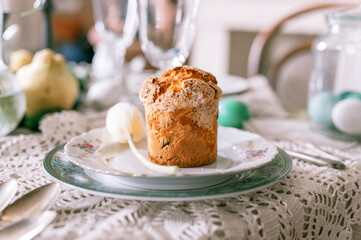 happy easter holiday in springtime season. natural homemade baked cake on plate on table. festive home decor. traditional food. sophisticated country rustic tablscape style
