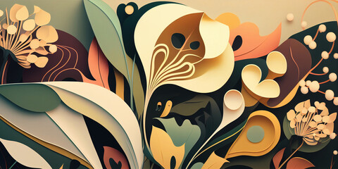 Retro Beautiful modern colorful flower design, Abstract organic floral wallpaper background illustration, Generative AI