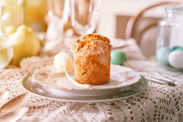 happy easter holiday in springtime season. natural homemade baked cake on plate on table. festive home decor. traditional food. sophisticated country rustic tablscape style. flare