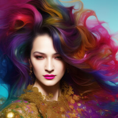 Generative AI abstract multicoloured long wavy hairs portrait of gorgeous woman with bright creative make up, abstract hairstyle. Beauty and fashion concept
