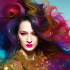Fototapeta premium Generative AI abstract multicoloured long wavy hairs portrait of gorgeous woman with bright creative make up, abstract hairstyle. Beauty and fashion concept