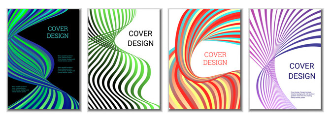 A set of 4 abstract covers. Wavy parallel gradient lines, ribbons evolve. Cover design, background. Trendy banner, poster.