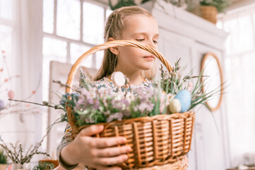 Russia, Moscow, 04.09.2022. happy easter holiday time in spring season. little eight year old kid...