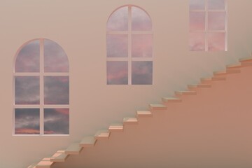 stairs stage  on a cream background with blue sky and clouds On the day when the sun is about to set. 3d render