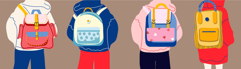 People in oversized clothes stand with colorful backpacks. Back view. Back to school, college, education, learning concept. Set of four vector illustrations