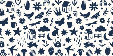 Monochrome hand drawn seamless pattern with cute doodle objects, perfect for textile or paper design. Vector illustration - 570358395