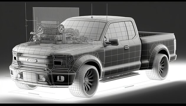 Digital Pick Up Truck Engineering Schematic, Greyscale Generative Ai 