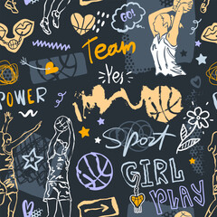 Seamless pattern with basketballs, sportswomen, doodles and text. Women's sports background with girls basketball players for cover design, jersey, wrapping paper, grunge style.