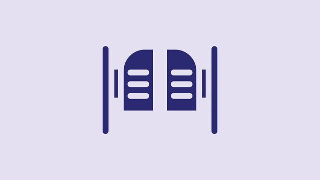 Blue Old western swinging saloon door icon isolated on purple background. 4K Video motion graphic animation