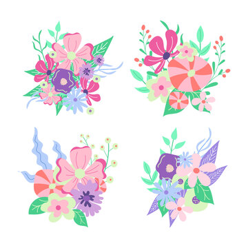 Set of spring flowers hand drawn colored doodles. Isolated design element on white background. 