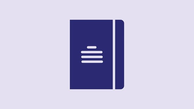 Blue Notebook icon isolated on purple background. Spiral notepad icon. School notebook. Writing pad. Diary for school. 4K Video motion graphic animation