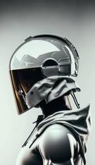 Futuristic Android isolated with shiny outfit and glossy helmet.