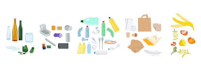 Types of recycling waste. Glass, metal, paper, cardboard, plastic, organic. Vector isolated on white background.