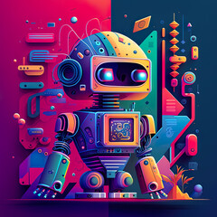 Colorful background of robot and technology accessories in cartoon style. Generative AI