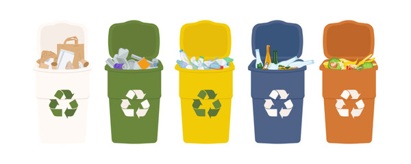 Types of recycling waste, recycling bin. Glass, metal, paper, cardboard, plastic, organic. Vector isolated on white background.