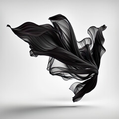 Black silk fabric flying in the wind on a white background. Generative AI.