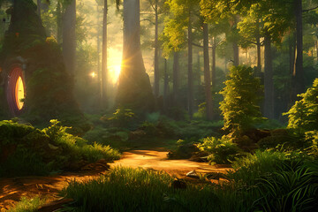Obraz premium Enchanted Passages at Sunset in the Forest with Generative AI