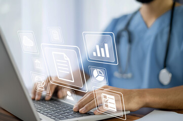 Doctor using computer working in hospital, Doctor using computer checking data patient document, Doctor using computer for health care hospital background