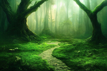 A Path Leading through A Green and Misty Forest
