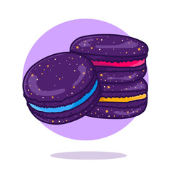 Macarons cake, macaroons with space hats. Vector illustration in cartoon flat style. The icon with the cosmic macaroons cakes from the future