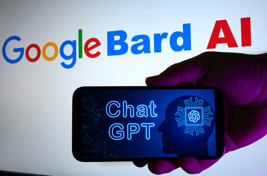  Google Bard Ai Logo On Computer Screen, Chat gpt Logo on Smart Phone Screen. Google vs OpenAi Concept. Istanbul, TURKEY- January 13 2023