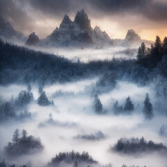 alpine forest and mountain valley with cloud inversion, generative art