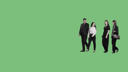 A group of people in office clothes are walking and talking to each other. Alpha channel background