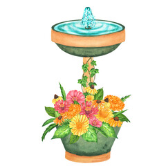 Birds bath with green clay flowerpot with yellow and red zinnia, coneflowers. Garden clipart. Hand-drawn watercolor illustration
