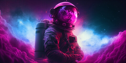 3D illustration of man in space suit inside softly glowing pink and blue galactic cloud. Peaceful galaxy astronaut. Retrowave. Generative Ai. © ckybe