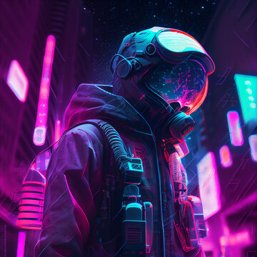 3D illustration of astronaut in futuristic neon lit cyberpunk city. Neon pink blue violet night astronaut. Generative ai. Illustration art.