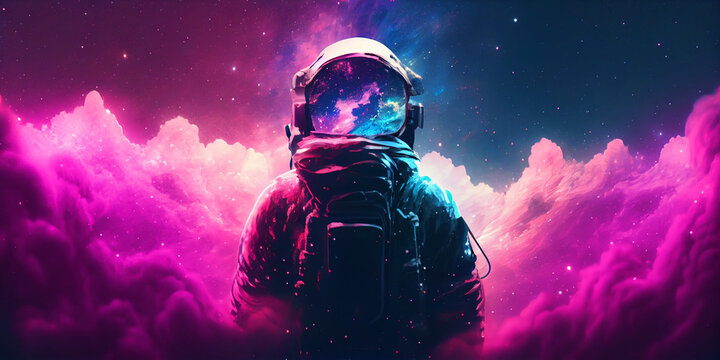 3D illustration of man in space suit inside softly glowing pink and blue galactic cloud. Peaceful galaxy astronaut. Retrowave. Generative Ai.