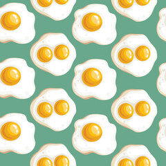 Eggs seamless pattern. Fried one eyed and two-eyed eggs on green background. Morning breakfast symbols. Vector illustration.