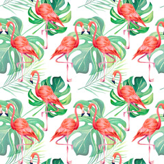 Flamingo and monstera pattern. Mosaic. Collage. Watercolor illustration. Tropical birds. Exotic birds.