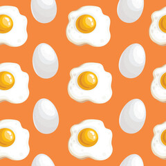 Eggs seamless pattern. Fried one eyed and two-eyed eggs on orange background. Morning breakfast symbols. Vector illustration.