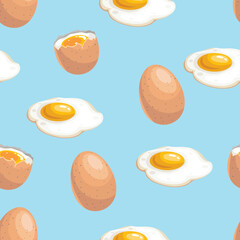 Eggs seamless pattern. Boiled and fried eggs on blue background. Morning breakfast symbols. Vector illustration.