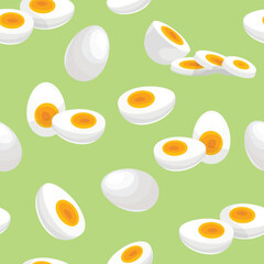 Eggs seamless pattern. Hard boiled eggs on light green background. Morning breakfast symbols. Vector illustration.