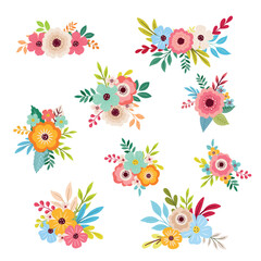 Fototapeta na wymiar Set of flower arrangements, spring bouquets. Design of invitations and cards. Vector graphics.