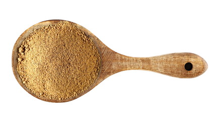 Tikka masala spice powder mix, coriander, cumin, garlic, red pepper chili, mint, black pepper and ginger in wooden spoon isolated on white, top view