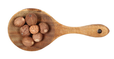 Nutmeg seeds in wooden spoon,  muscat nut isolated on white, top view