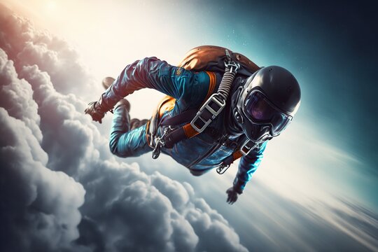 Skydiver in a jumpsuit freefalling above the clouds , Generative ai
