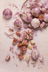 Fresh garlic on a white background, top view, food concept,