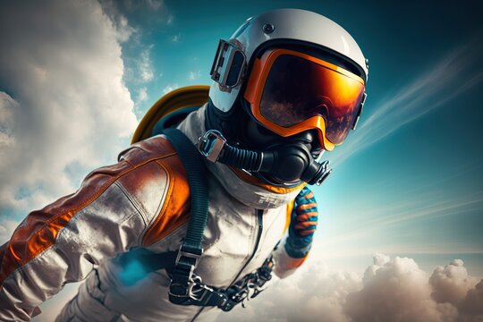 Skydiver in a jumpsuit freefalling above the clouds , Generative ai
