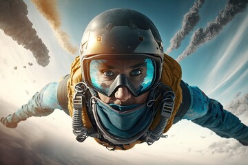Skydiver in a jumpsuit freefalling above the clouds , Generative ai
 - obrazy, fototapety, plakaty