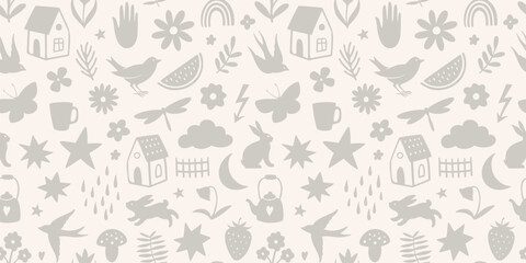 Hand drawn seamless pattern with doodle silhouette objects. Animals, stars, flowers, cute little symbols. Perfect for textile or paper wrapping design. Vector illustration