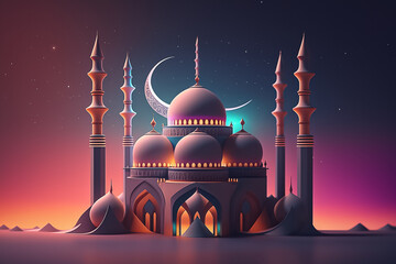 mosque building realistic design isolated with gradient color background. ramadhan kareem. islamic background, mawlid, iftar, isra miraj, eid al fitr adha, muharram decoration, Generative Ai