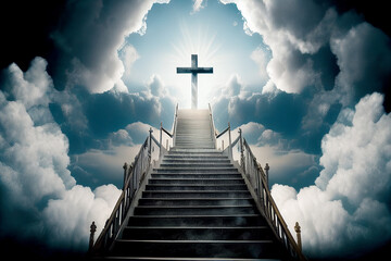 Light to Heavenly Sky with cross symbol, Stairway steps door leading to Heaven. Resurrection And Entrance Of Heaven. skies and clouds. pray	
