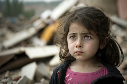 a sad girl standing in front of collapse buildings area, natural disaster or war victim, sorrow scenery idea for support children's right , especially Turkey and Syria earthquake, Generative Ai