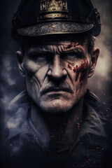 Fototapeta na wymiar Strong portrait of Eastern European officer with moustache and blood on his cheek. Generative Ai.