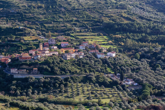 Farms and Small Town in Mountains. Modolo, Sardinia, Italy. Sunny Day.